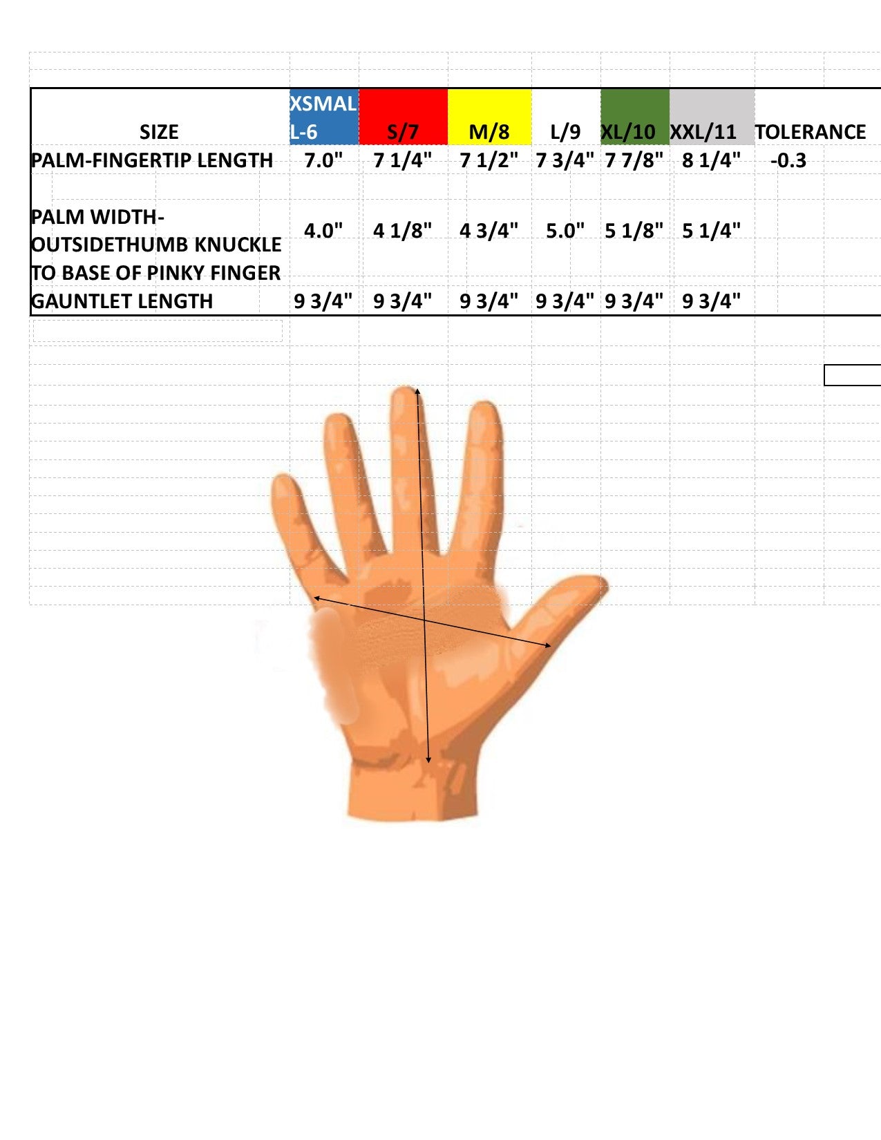Goatskin Gardening Gloves Sizing Chart to assist in selection